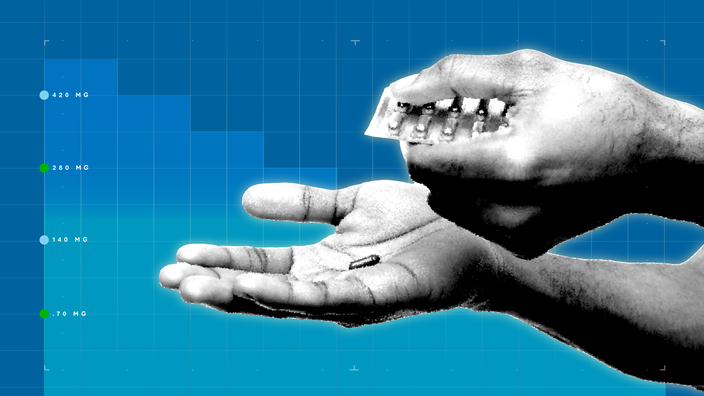 Dark-blue background with graph paper texture and representational step graph. In the center is a black-and-white cutout of hands popping a pill out of a blister pack. 