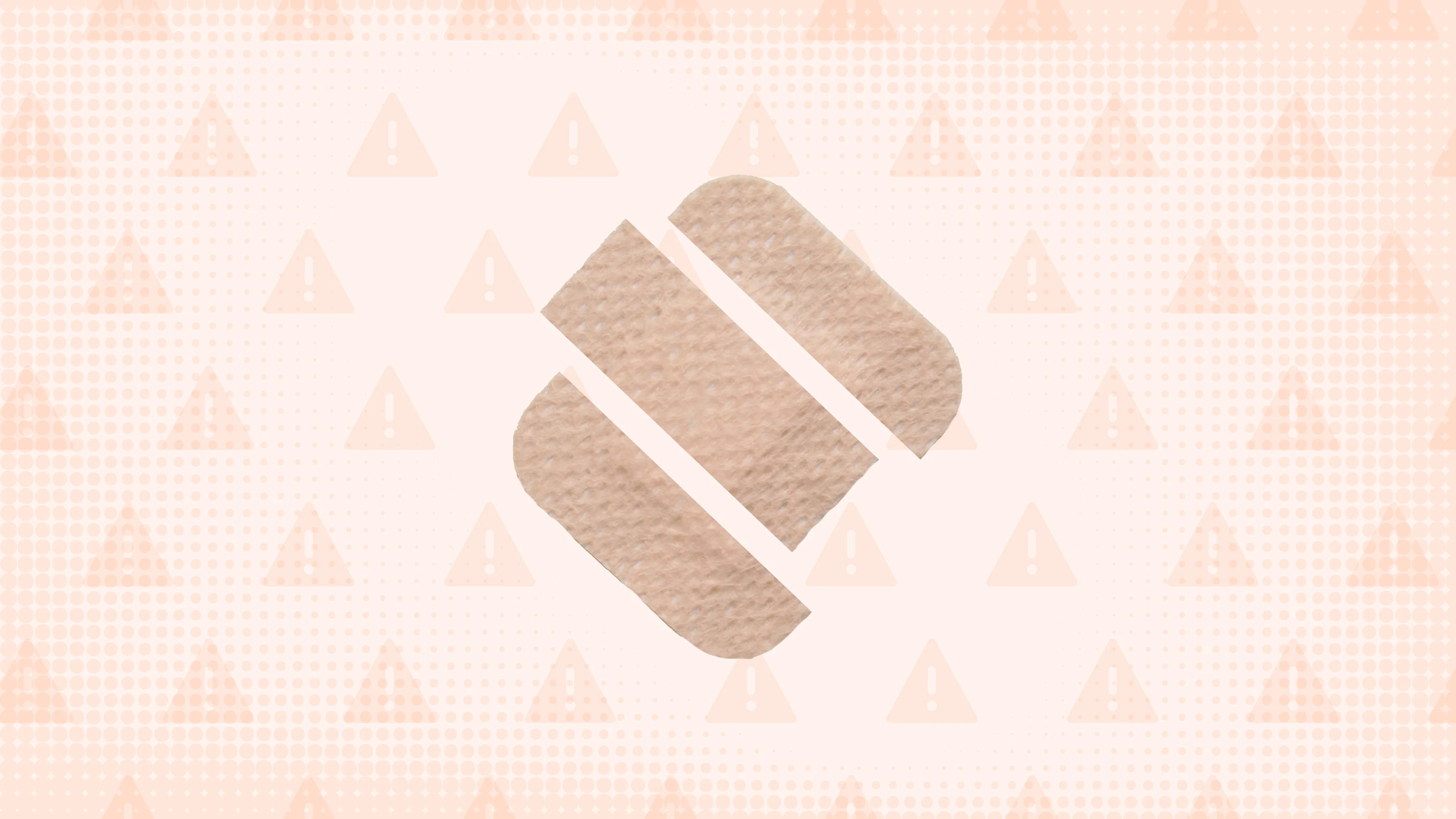 In the center of a textured, light peach-colored background with a warning sign pattern is a square medication patch cut into thirds.