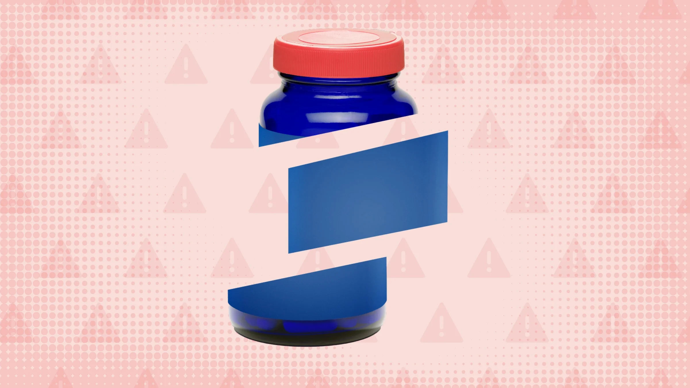 Light red background with half-tone and warning sign pattern. In the center is a blue and red pill bottle that is cut into thirds. 