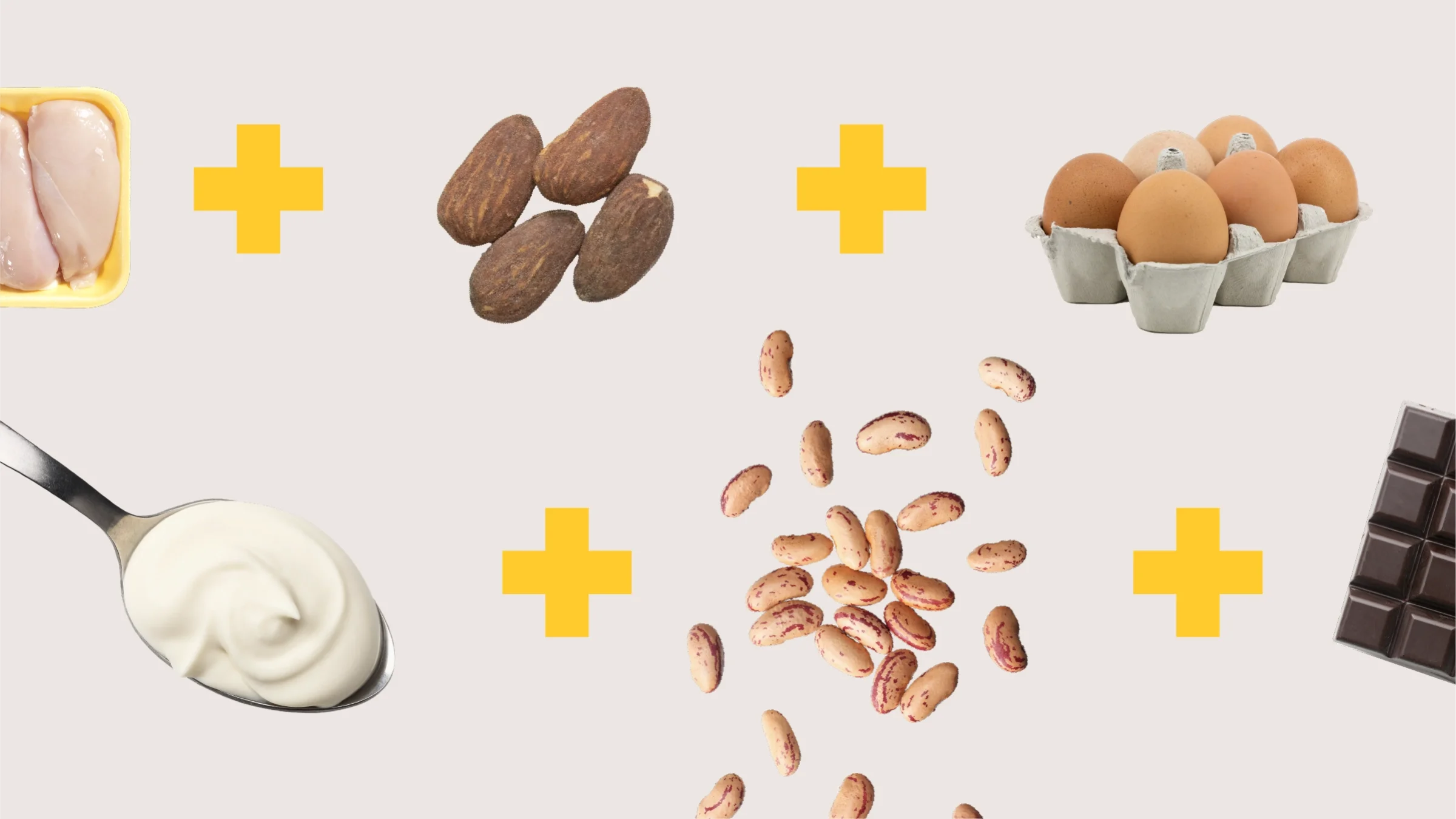 A custom graphic shows foods that Rachel Volk eats to help avoid breast cancer: chicken breast, Greek yogurt, legumes, eggs, and dark chocolate.
