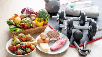 Health: movement exercise: fruit-veggies-meat-weights-1299421209