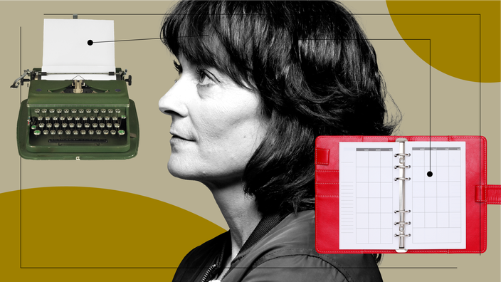 Tan background with a black-and-white image of a side profile of a woman. Off of her are diagram lines pointing to objects representing things that help with caregiver burnout. On the left is a green typewriter. On the right is an open red daily planner.  