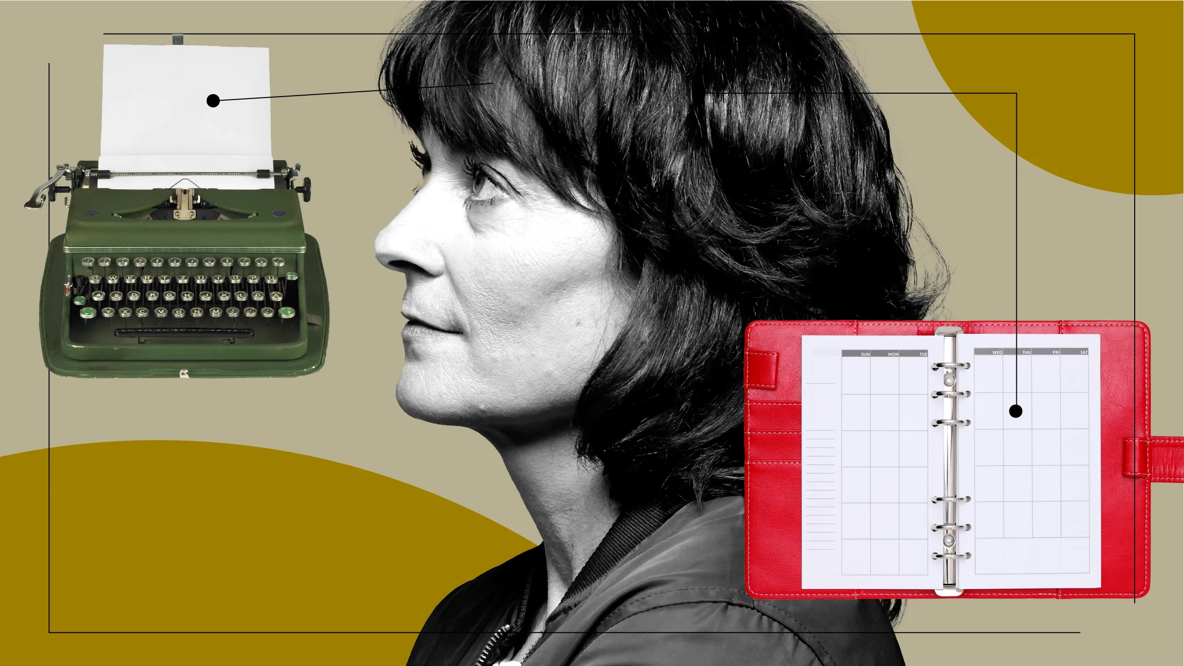 Tan background with a black-and-white image of a side profile of a woman. Off of her are diagram lines pointing to objects representing things that help with caregiver burnout. On the left is a green typewriter. On the right is an open red daily planner.
