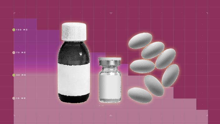 Red-purple background with graph paper texture and representational step graph. In the center are the three forms of Briviact (liquid, injection, and tablet) in black-and-white cutouts.