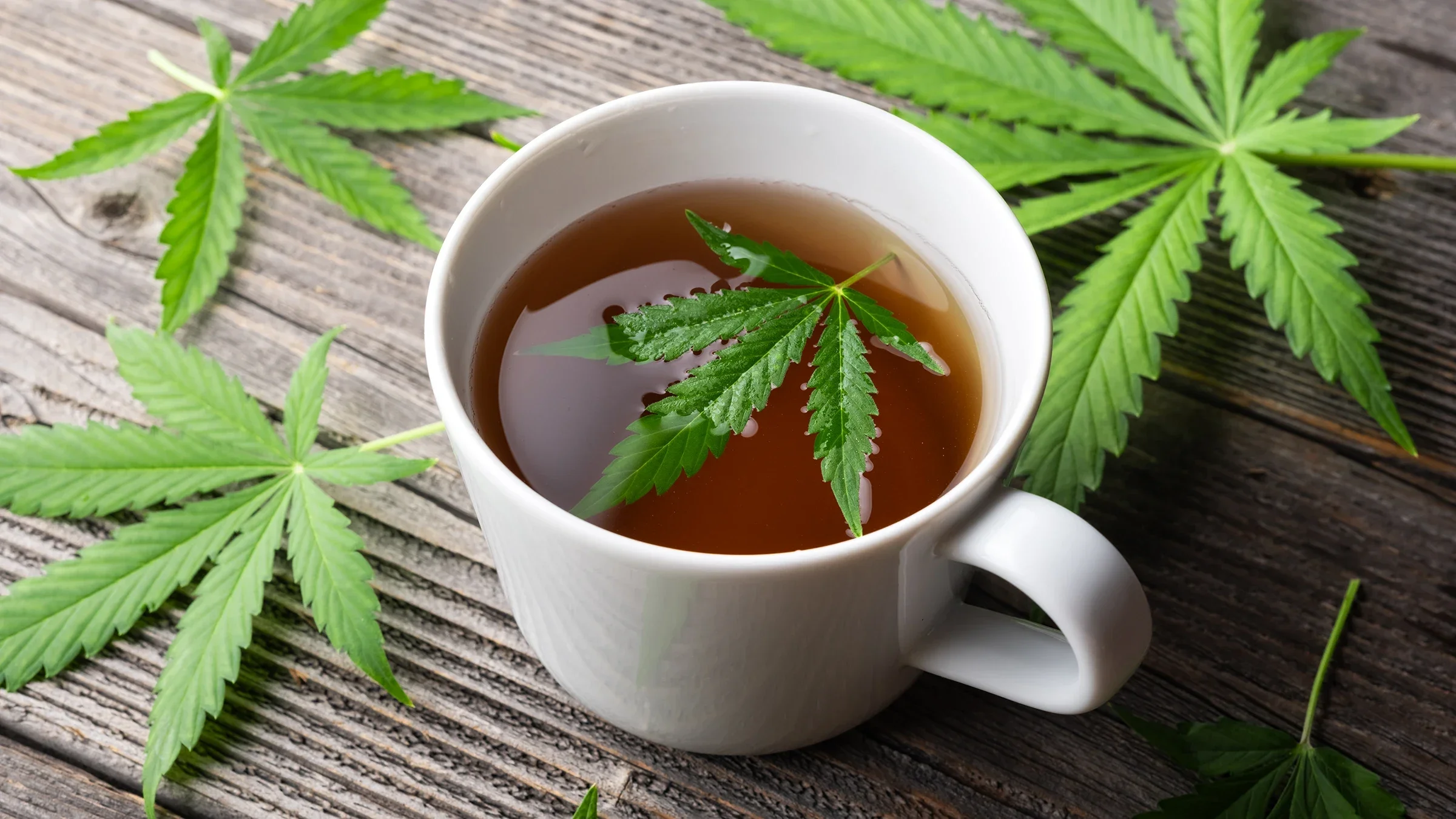 A cup of tea contains a floating cannabis leaf and is surrounded by cannabis leaves.
Smitt/iStock via Getty Images Plus