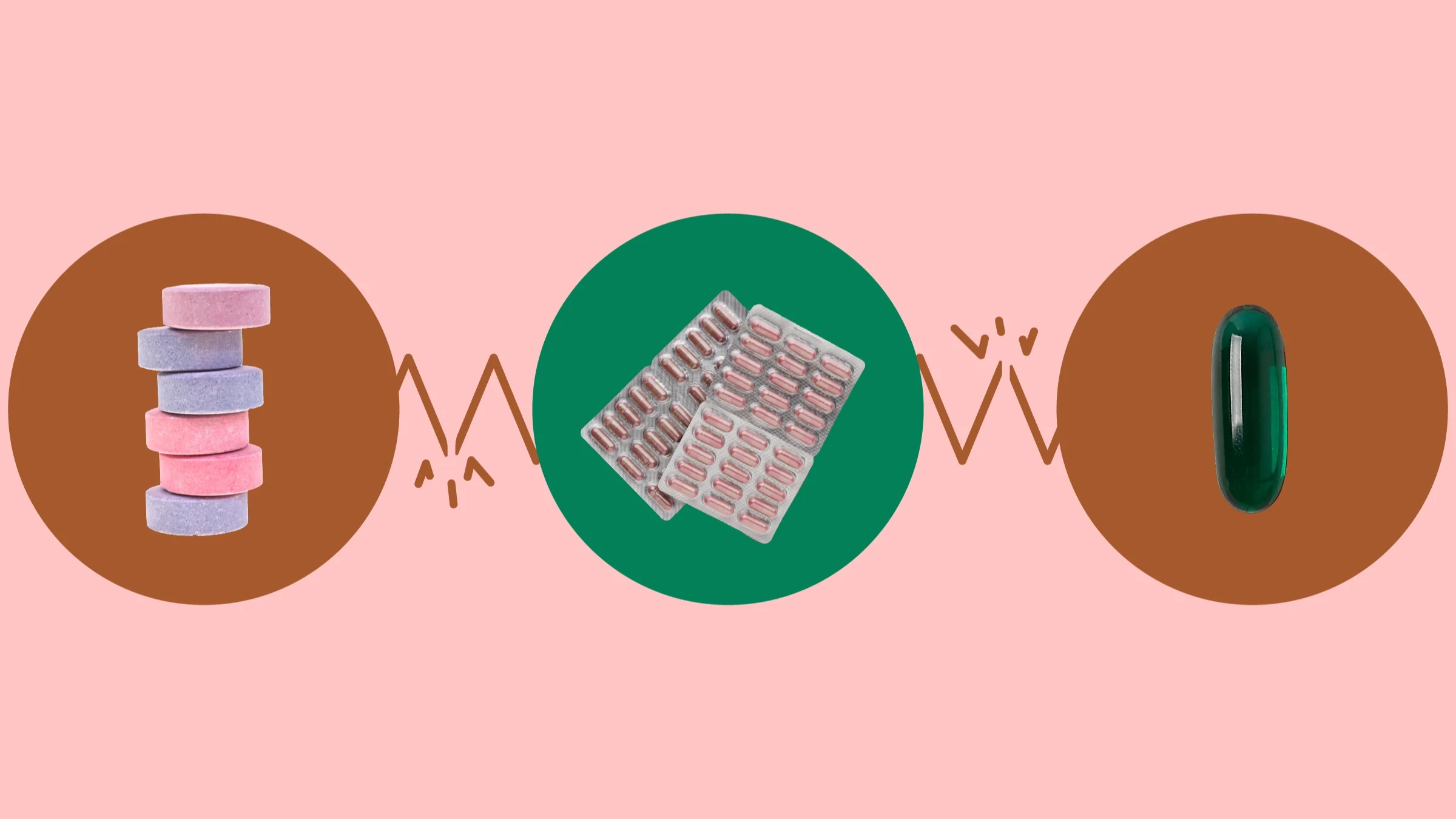 A custom graphic showcases what can interact with levofloxacin. In the center, on a green circle, are two blister packs of pink-ish pills. On the right, on a red circle, is a green-blue gel capsule pill. On the left, on a red circle, is a stack of pastel antacids.