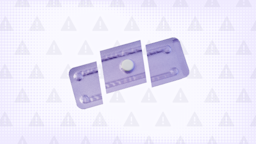 A custom graphic includes a purple background with a warning sign pattern and a purple pill pack cut into thirds.
GoodRx Health