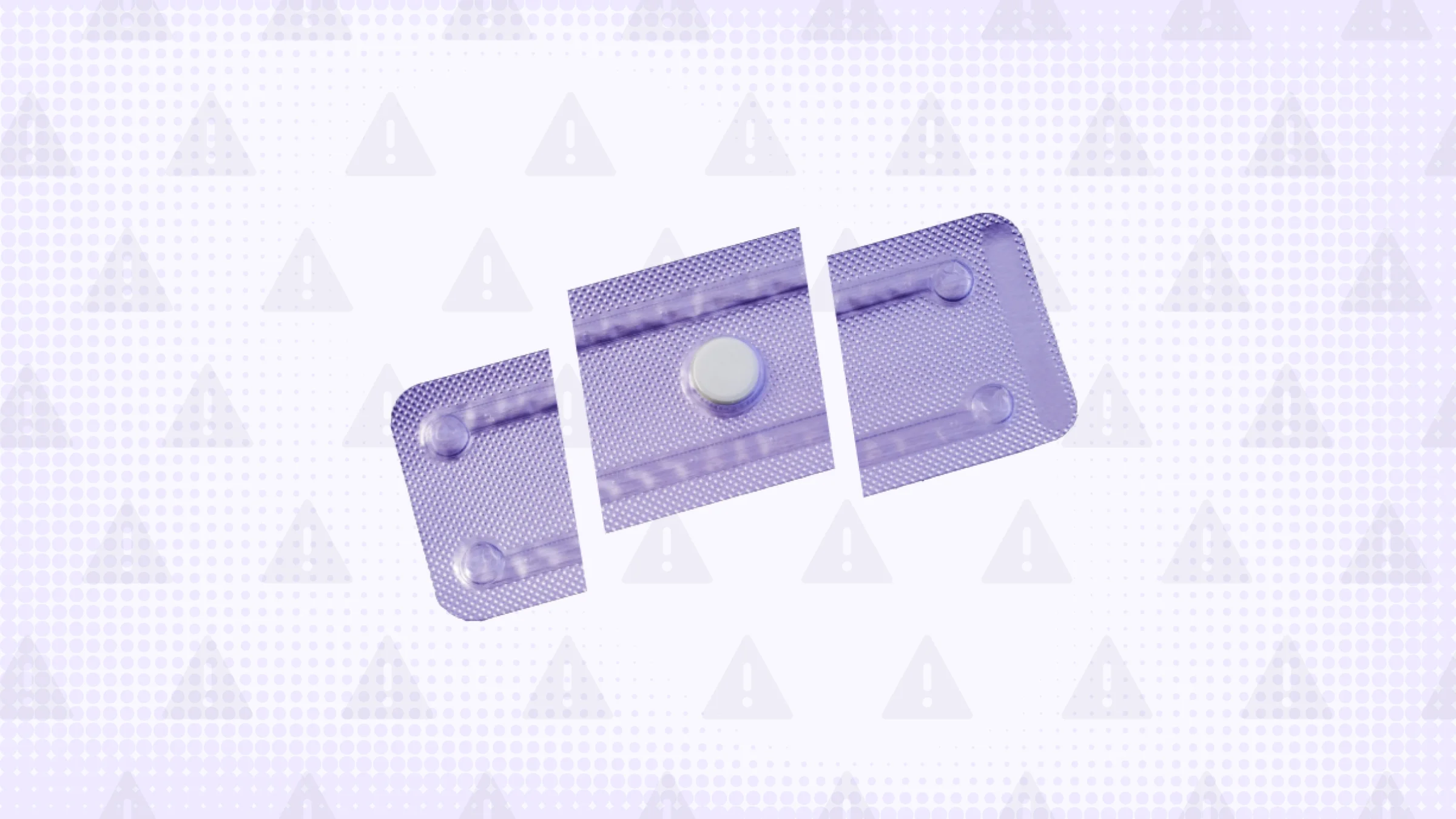 A custom graphic includes a purple background with a warning sign pattern and a purple pill pack cut into thirds.