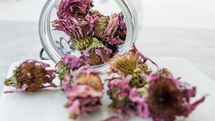 Dried echinacea in a glass jar spilling out onto the white table.