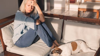 PTSD: stressed person and dog on couch 1397670662