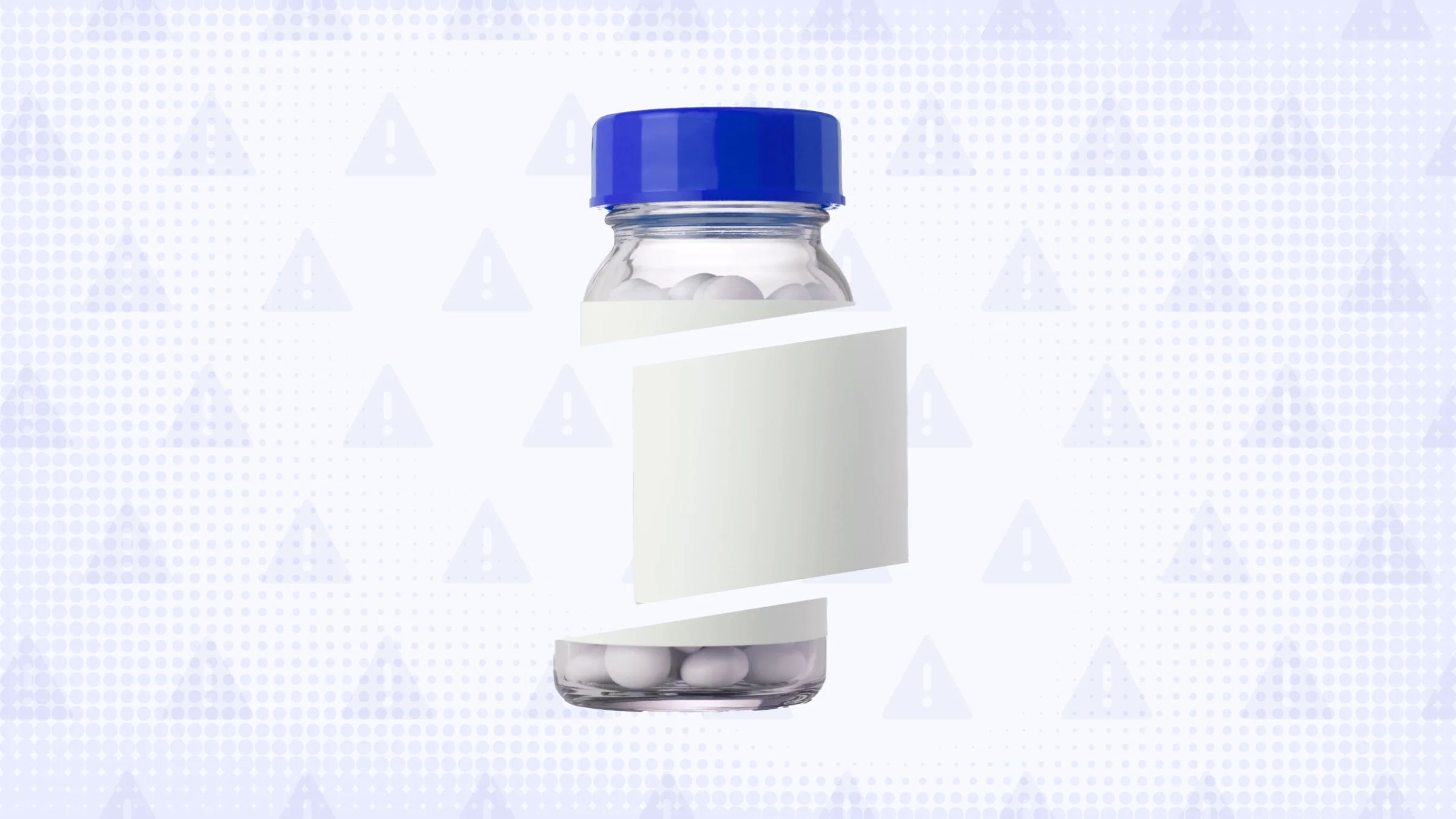 Light blue-purple background with texture and warning sign pattern. In the center is a clear pill bottle with a blue top cut into thirds. 