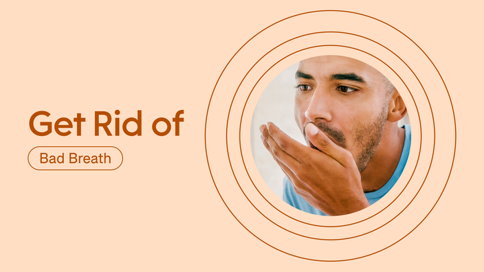 GoodRx graphic depicts a man with his hand near his mouth checking for bad breath. 