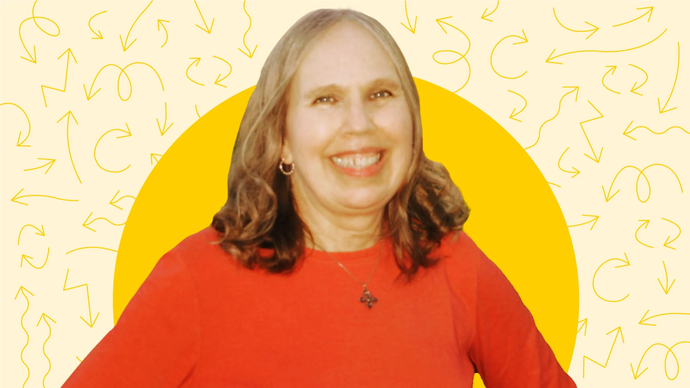 Custom graphic with a cutout image Maria Veres on a yellow background with doodle arrows. 