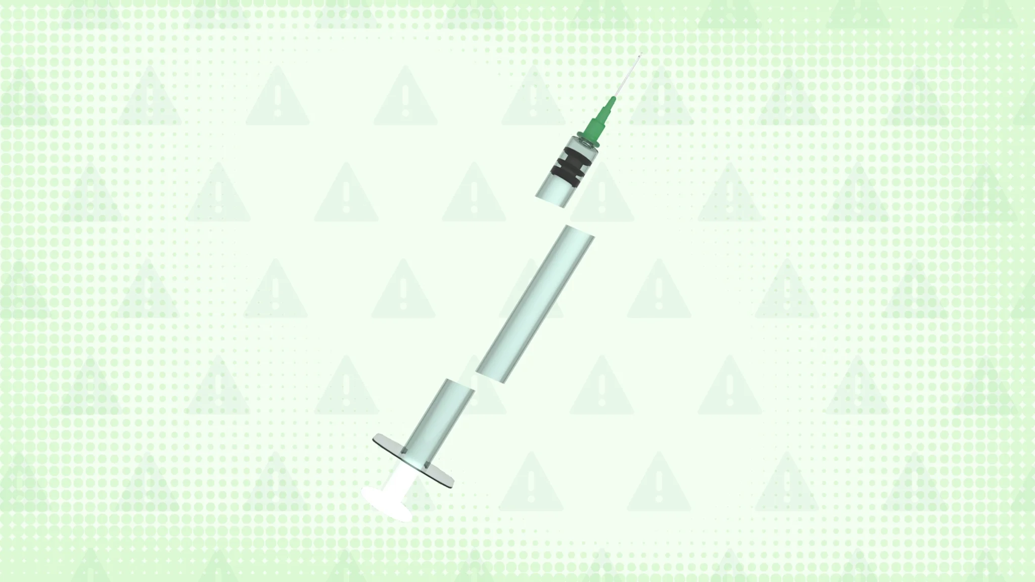 Light green background with texture and warning sign pattern. In the center is a syringe with a green tip cut into thirds.
