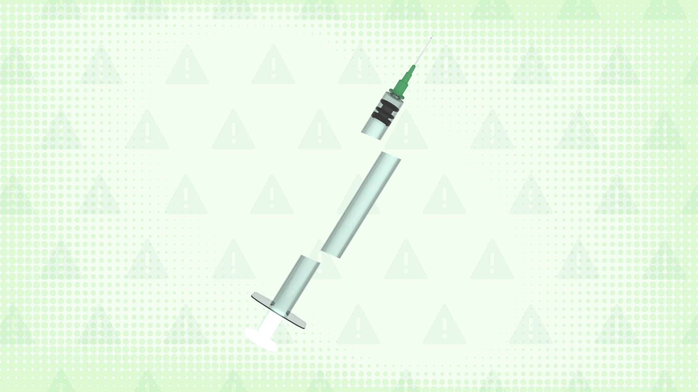Light green background with texture and warning sign pattern. In the center is a syringe with a green tip cut into thirds.