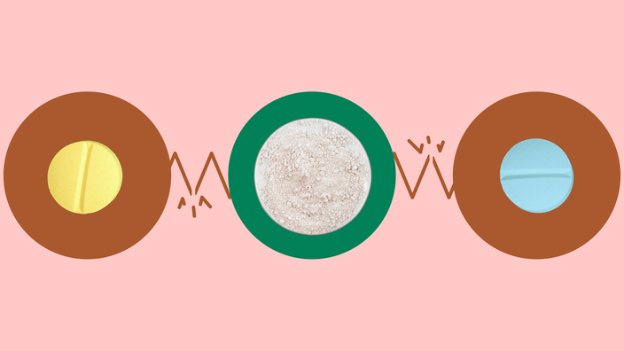 The image shows a light red background with three circles across the frame. In the center, on a green circle, is a small dish of white powder supplement. On the left, on a red circle, is a single round yellow pill. On the right, on a red circle, is a single round blue pill.