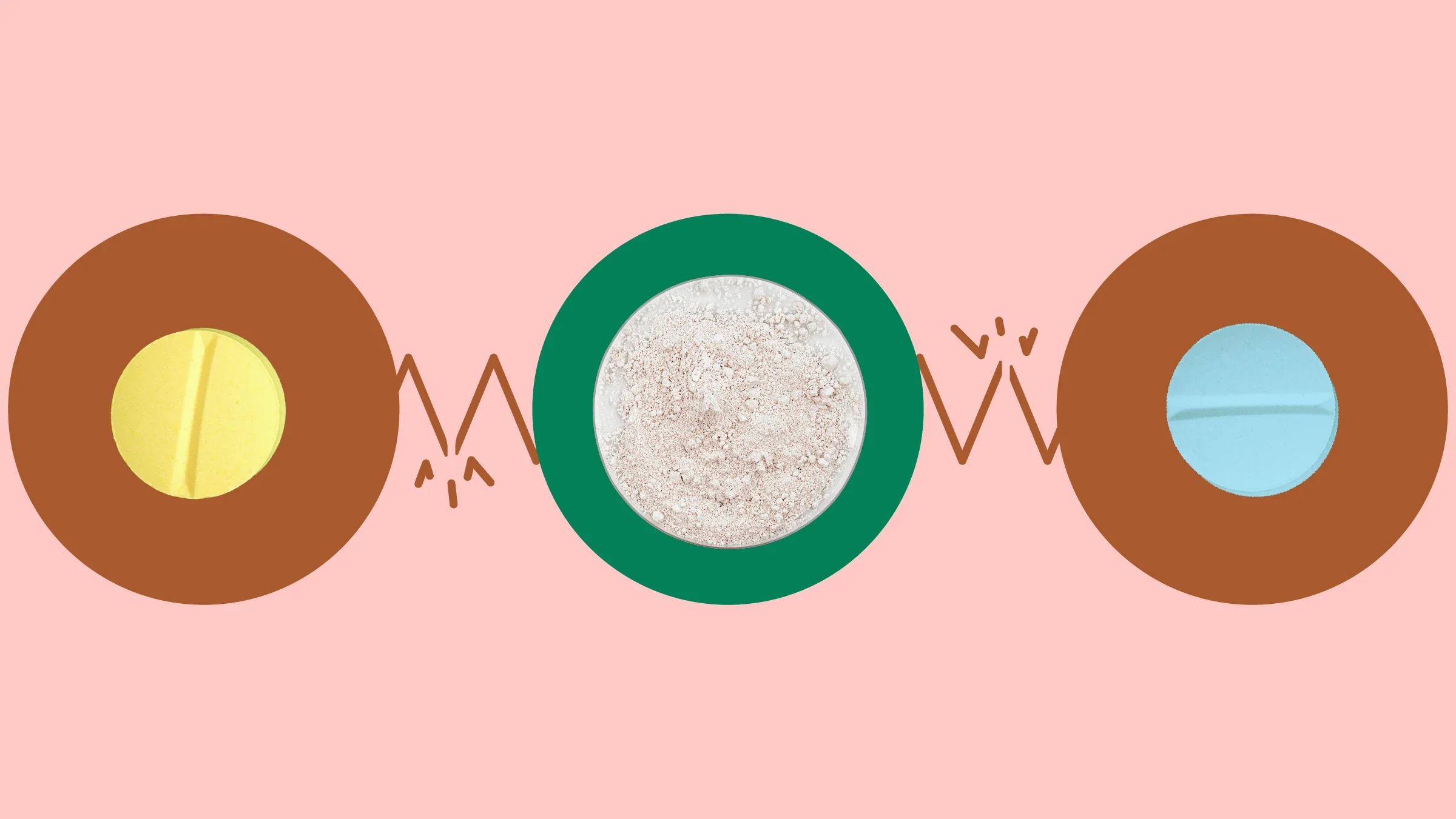 The image shows a light red background with three circles across the frame. In the center, on a green circle, is a small dish of white powder supplement. On the left, on a red circle, is a single round yellow pill. On the right, on a red circle, is a single round blue pill.
GoodRx Health