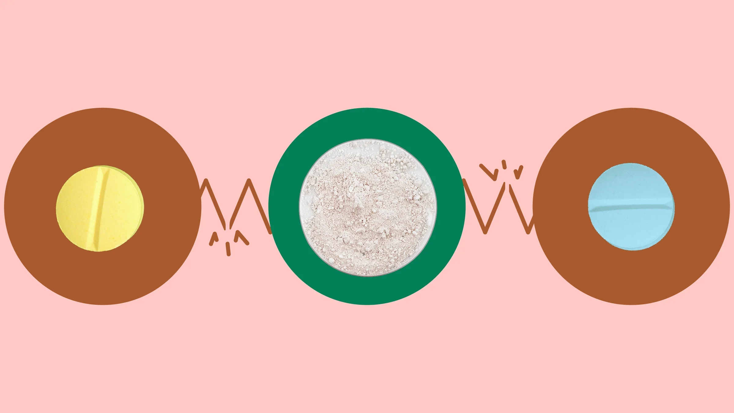 The image shows a light red background with three circles across the frame. In the center, on a green circle, is a small dish of white powder supplement. On the left, on a red circle, is a single round yellow pill. On the right, on a red circle, is a single round blue pill.