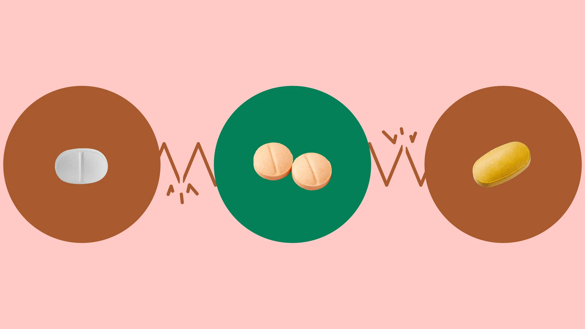 The image shows a light red background with three circles across the frame. In the center, on a green circle, are two round orange pills. On the left, on a red circle, is a white small oblong pill. On the right, on a red circle, is an oblong yellow pill.
GoodRx Health