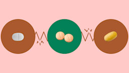 The image shows a light red background with three circles across the frame. In the center, on a green circle, are two round orange pills. On the left, on a red circle, is a white small oblong pill. On the right, on a red circle, is an oblong yellow pill.
GoodRx Health