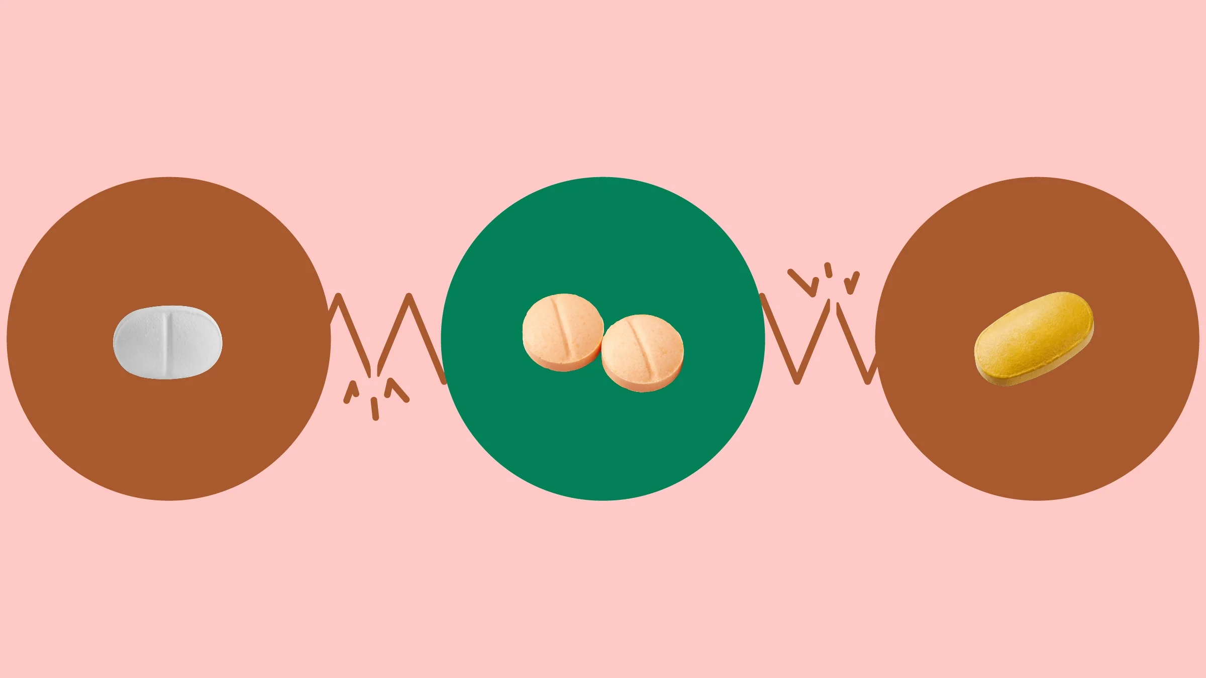 The image shows a light red background with three circles across the frame. In the center, on a green circle, are two round orange pills. On the left, on a red circle, is a white small oblong pill. On the right, on a red circle, is an oblong yellow pill.