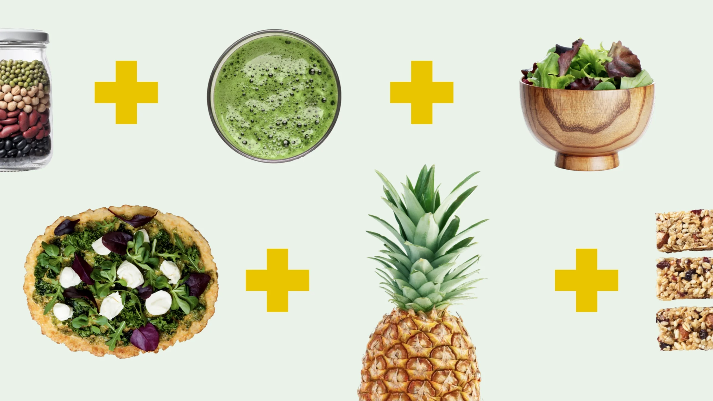 A graphic includes various food items, like a smoothie and jar of beans, separated by yellow plus signs.