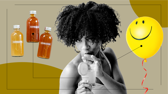 Tan background with black-and-white cutout image of a woman drinking a lemon kombucha. Off of her are diagram lines pointing to objects representing kombucha drinking. On the left are three homemade bottles of kombucha. On the right is a smiley face balloon.