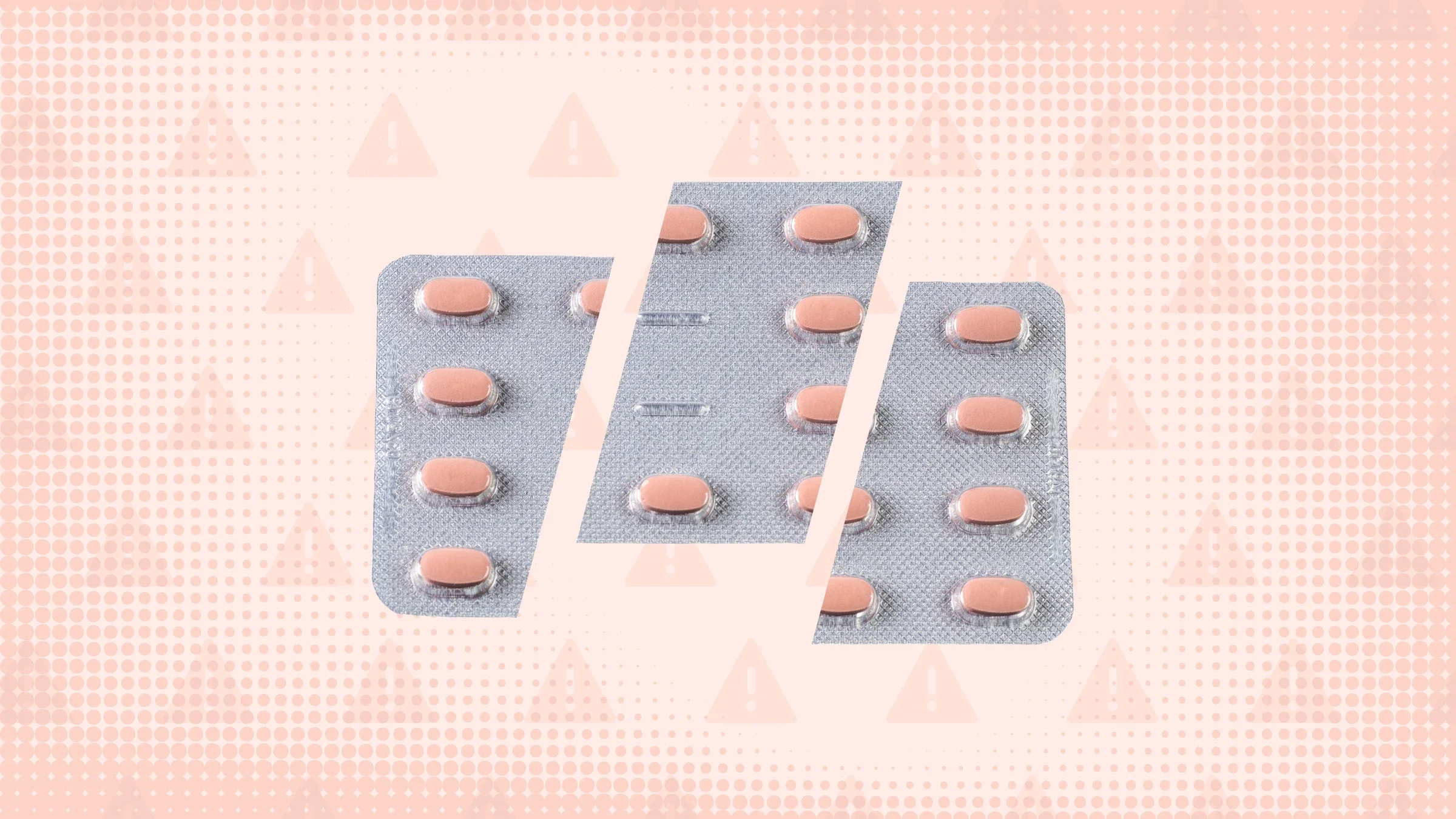 A graphic shows a blister pack of pills cut into thirds with a warning sign pattern in the light peach colored background.
GoodRx Health
