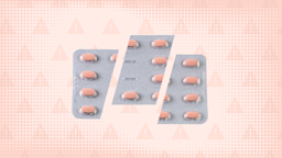 A graphic shows a blister pack of pills cut into thirds with a warning sign pattern in the light peach colored background.
GoodRx Health