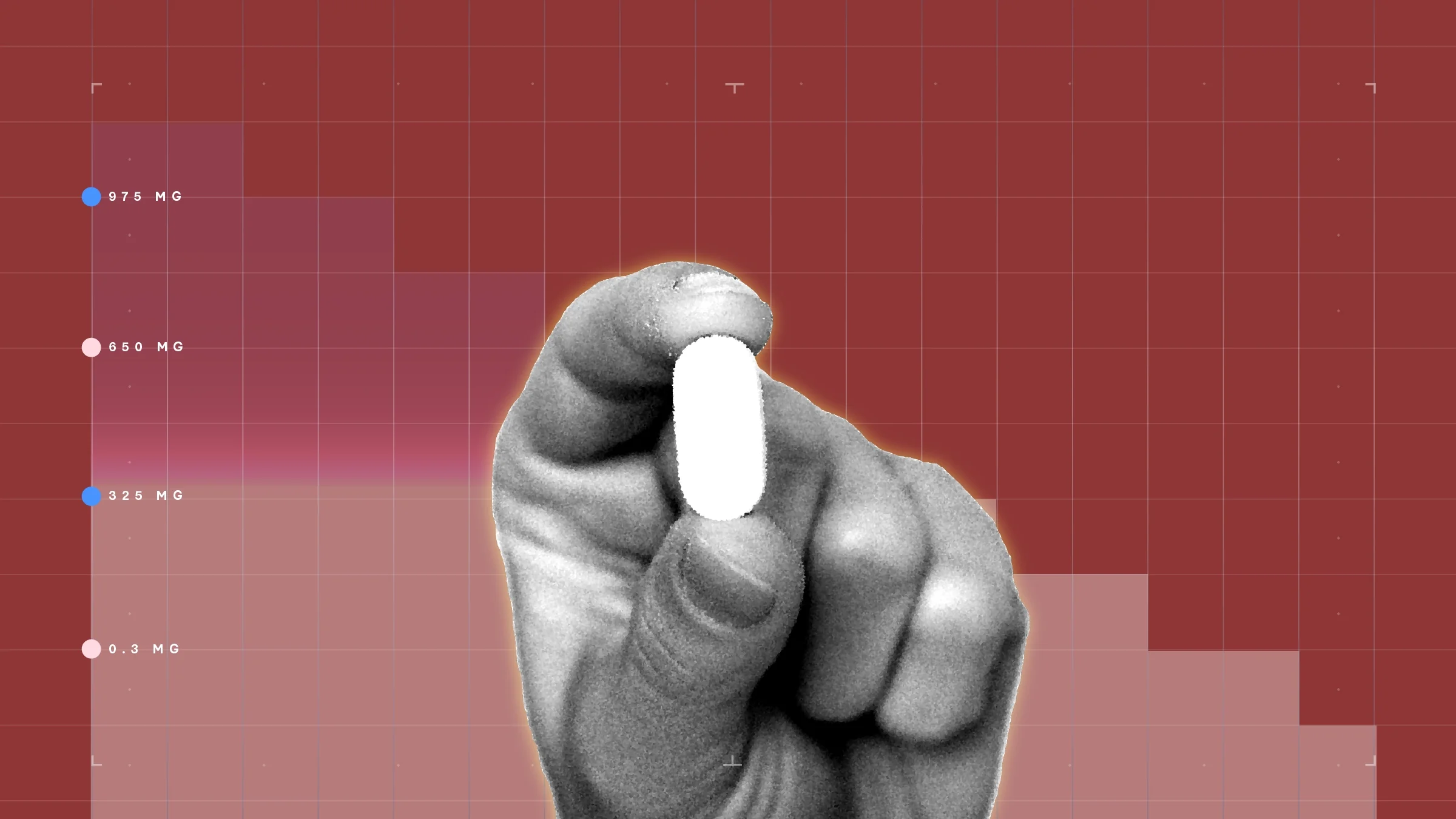 In the center of a red background with graph paper texture and representational step graph is a black and white cutout of a hand holding an oblong pill.