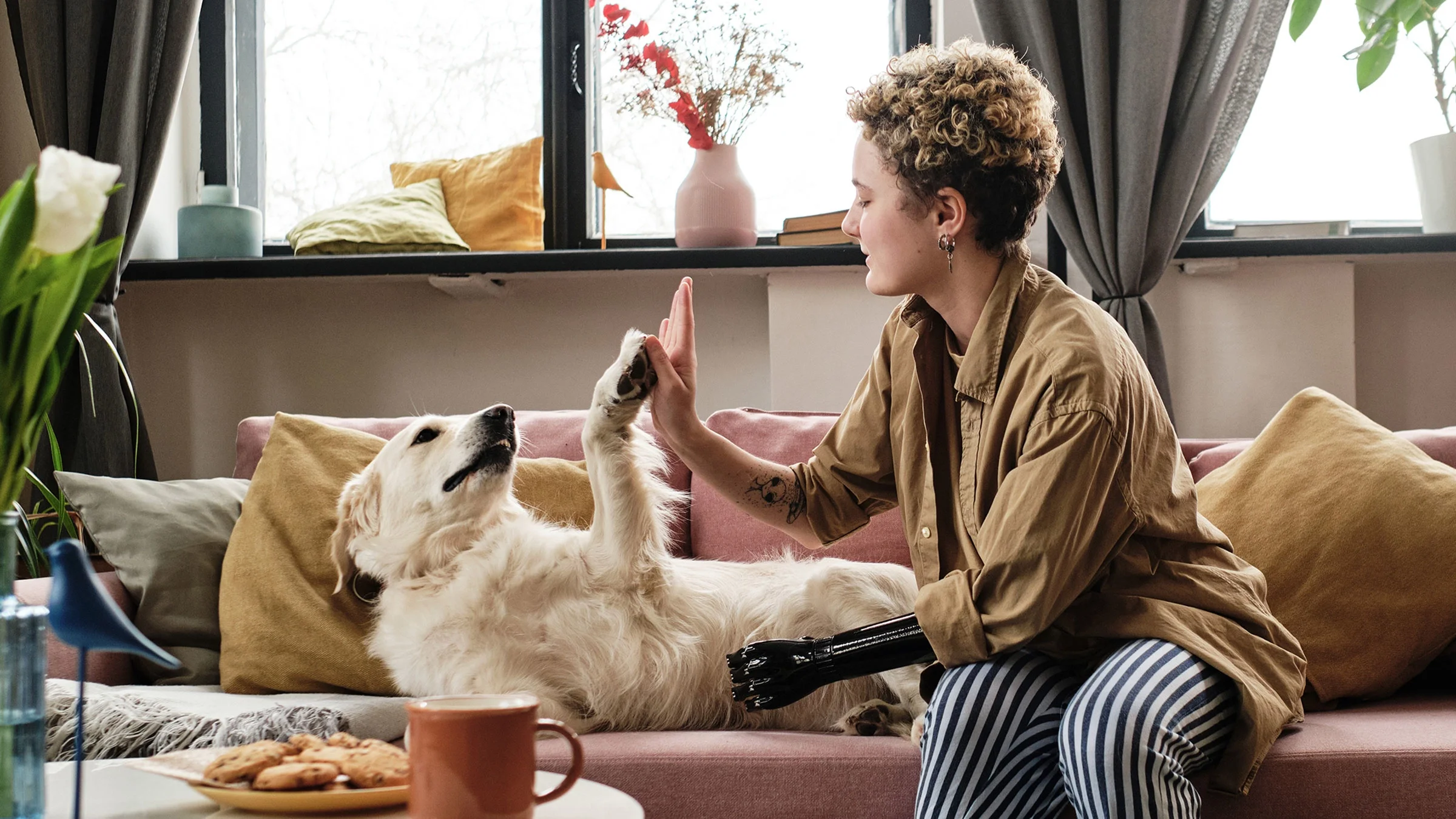 A woman with a golden retriever rests on the sofa.