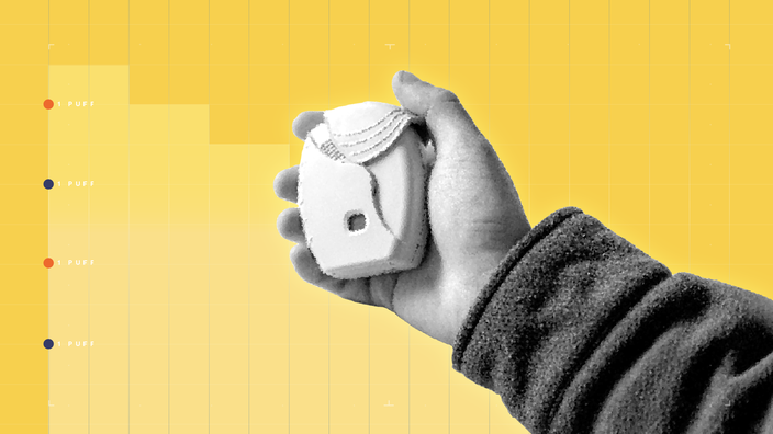 Light yellow background with graph paper texture and representational step graph. In the center is a black and white cutout of a hand holding an inhaler.