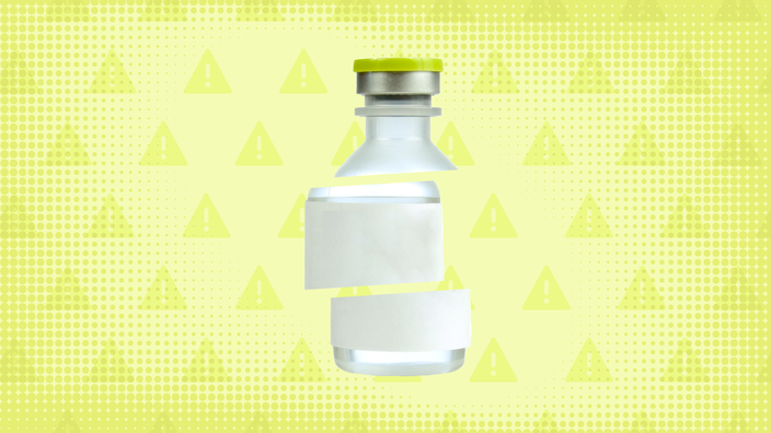 Neon-green background with texture and warning sign pattern. In the center is a medication vial, cut into thirds, with a neon-green top.