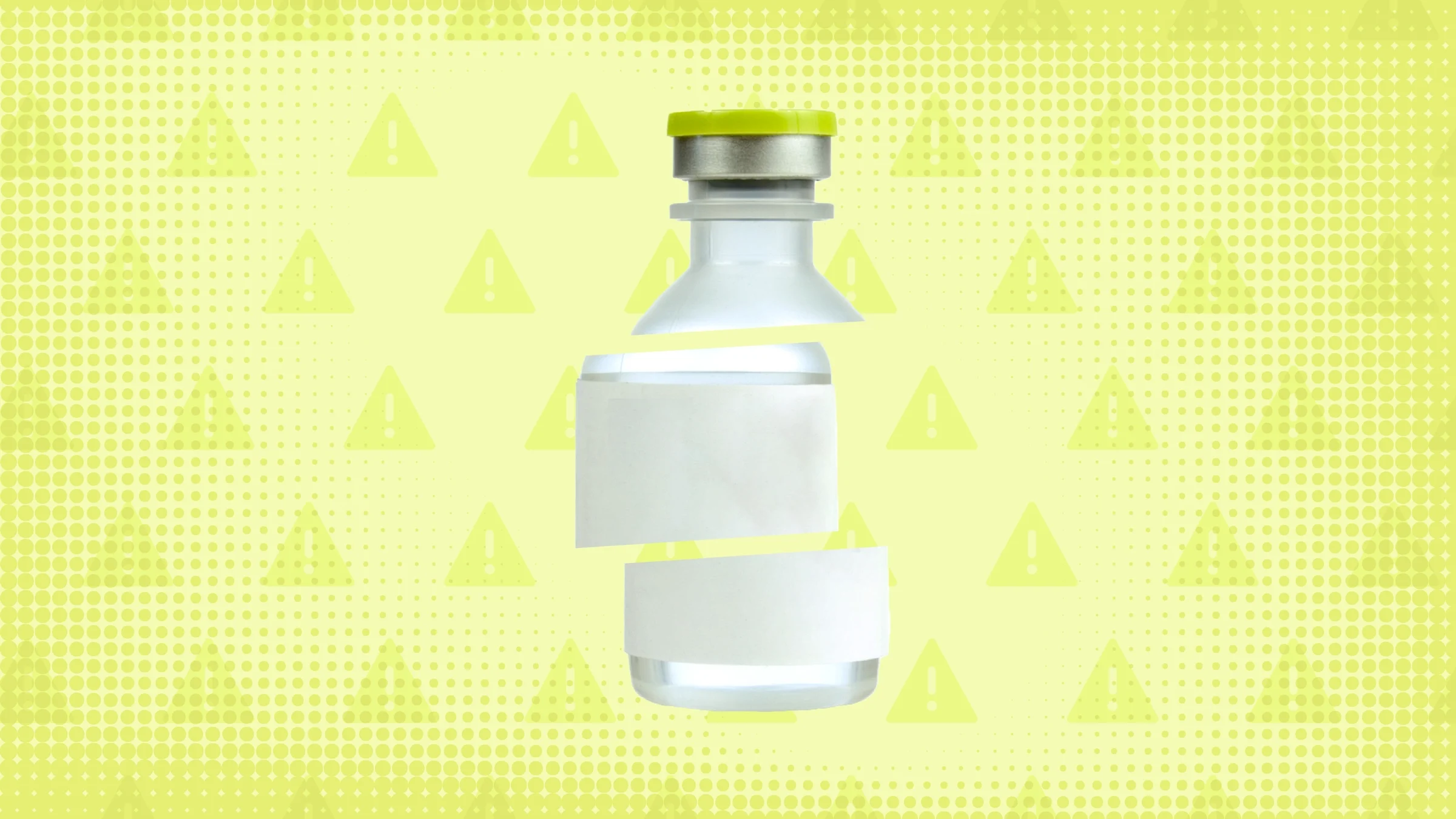 Neon-green background with texture and warning sign pattern. In the center is a medication vial, cut into thirds, with a neon-green top.