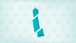 Light blue background with texture and warning sign pattern. In the center is a blue lotion tube with a white cap cut into thirds.  
GoodRx Health