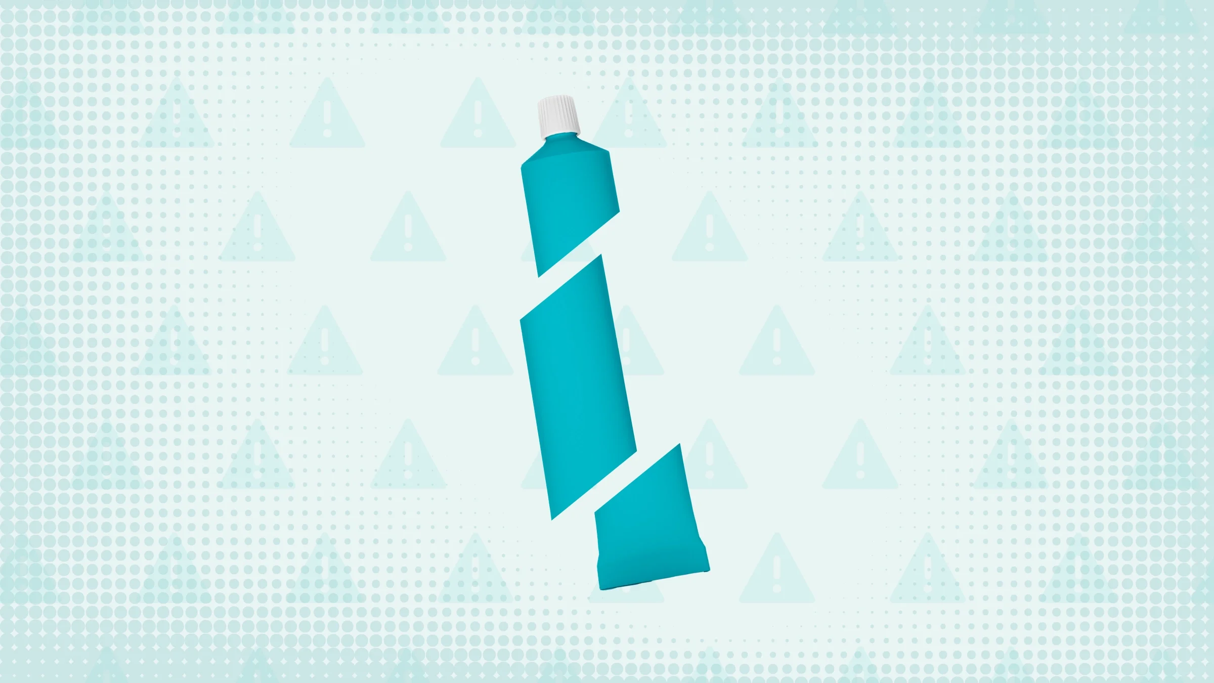 Light blue background with texture and warning sign pattern. In the center is a blue lotion tube with a white cap cut into thirds.  