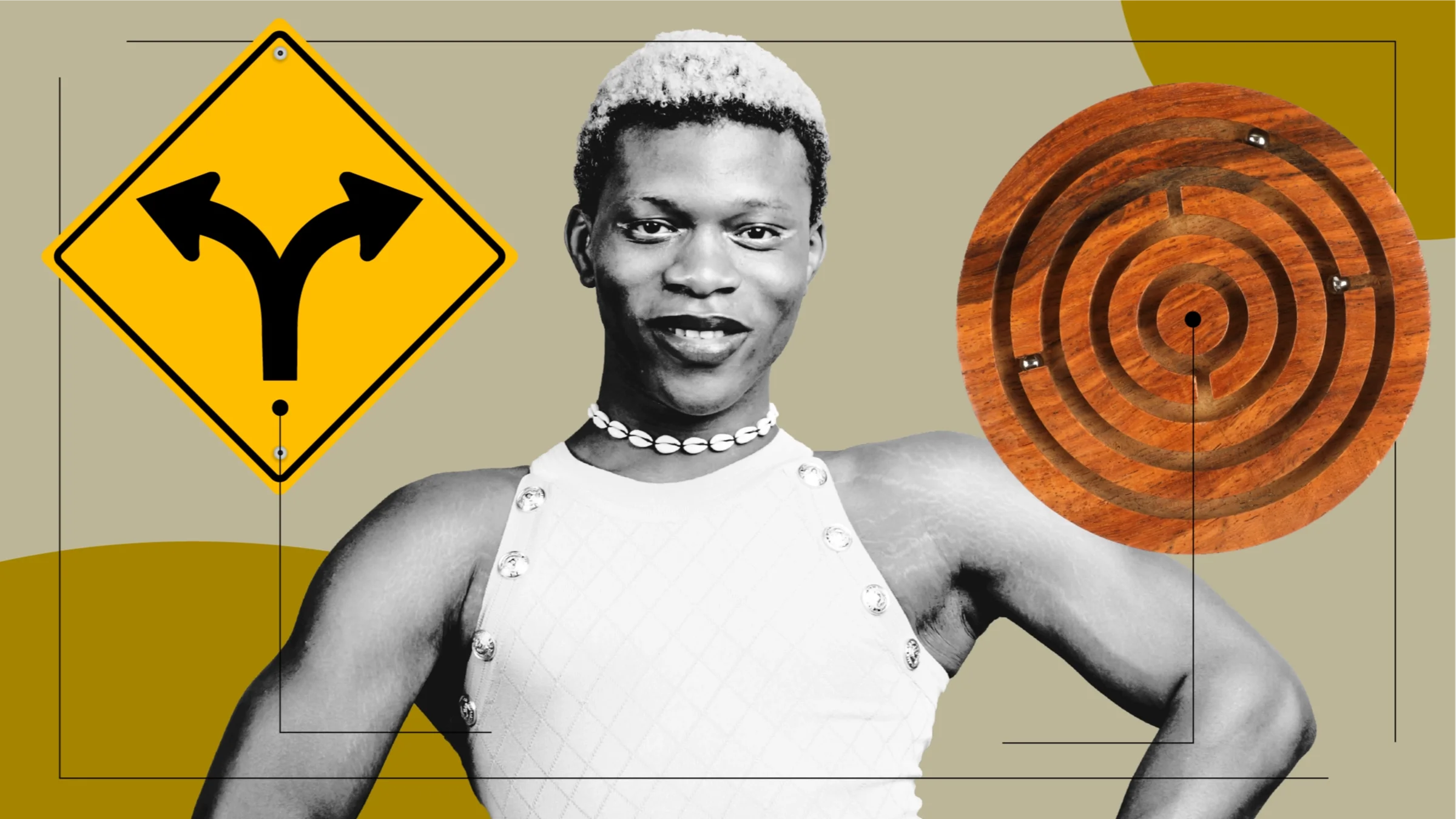 Custom graphic showing what it feels like to find a culturally competent therapist. In the center is a black-and-white photo of a young queer man. On the left is a wayfinding sign showing a split in the road. On the right is a wooden maze puzzle.