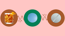 A light red background is pictured with three circles across the frame. In the center, on a green circle, is a round blue pill. On the left, on a red circle, is a whiskey glass with an orange garnish. And on the right, on a red circle, is a white round pill.
GoodRx Health