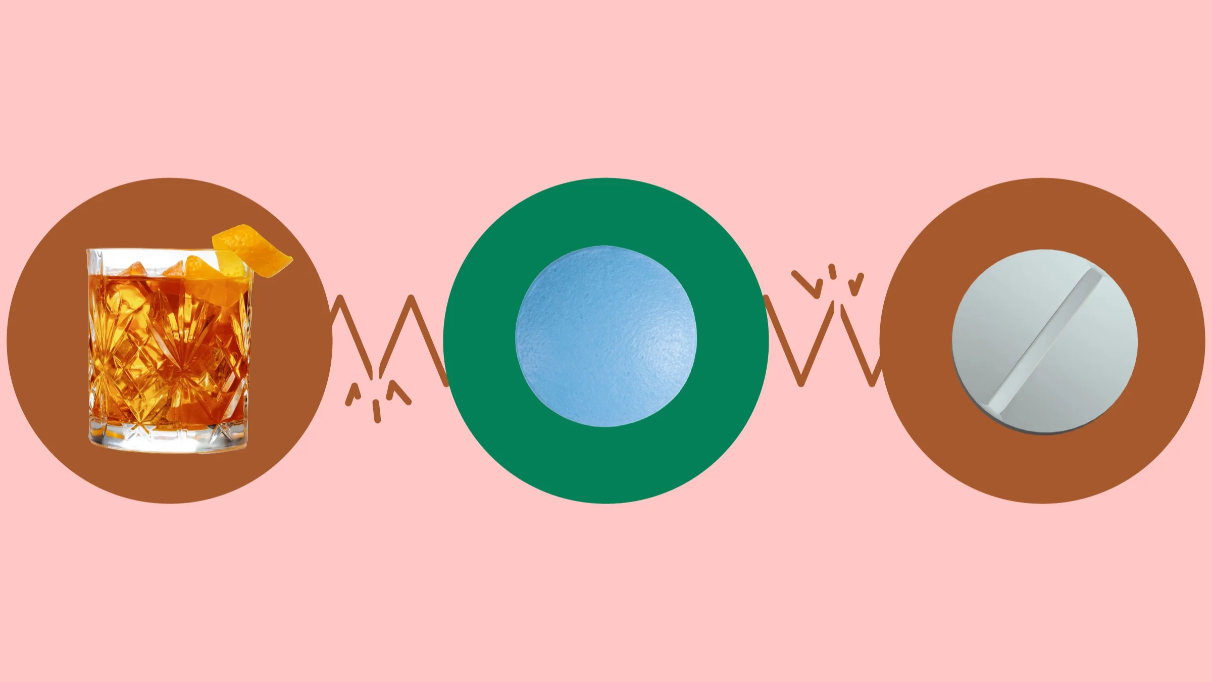 A light red background is pictured with three circles across the frame. In the center, on a green circle, is a round blue pill. On the left, on a red circle, is a whiskey glass with an orange garnish. And on the right, on a red circle, is a white round pill.