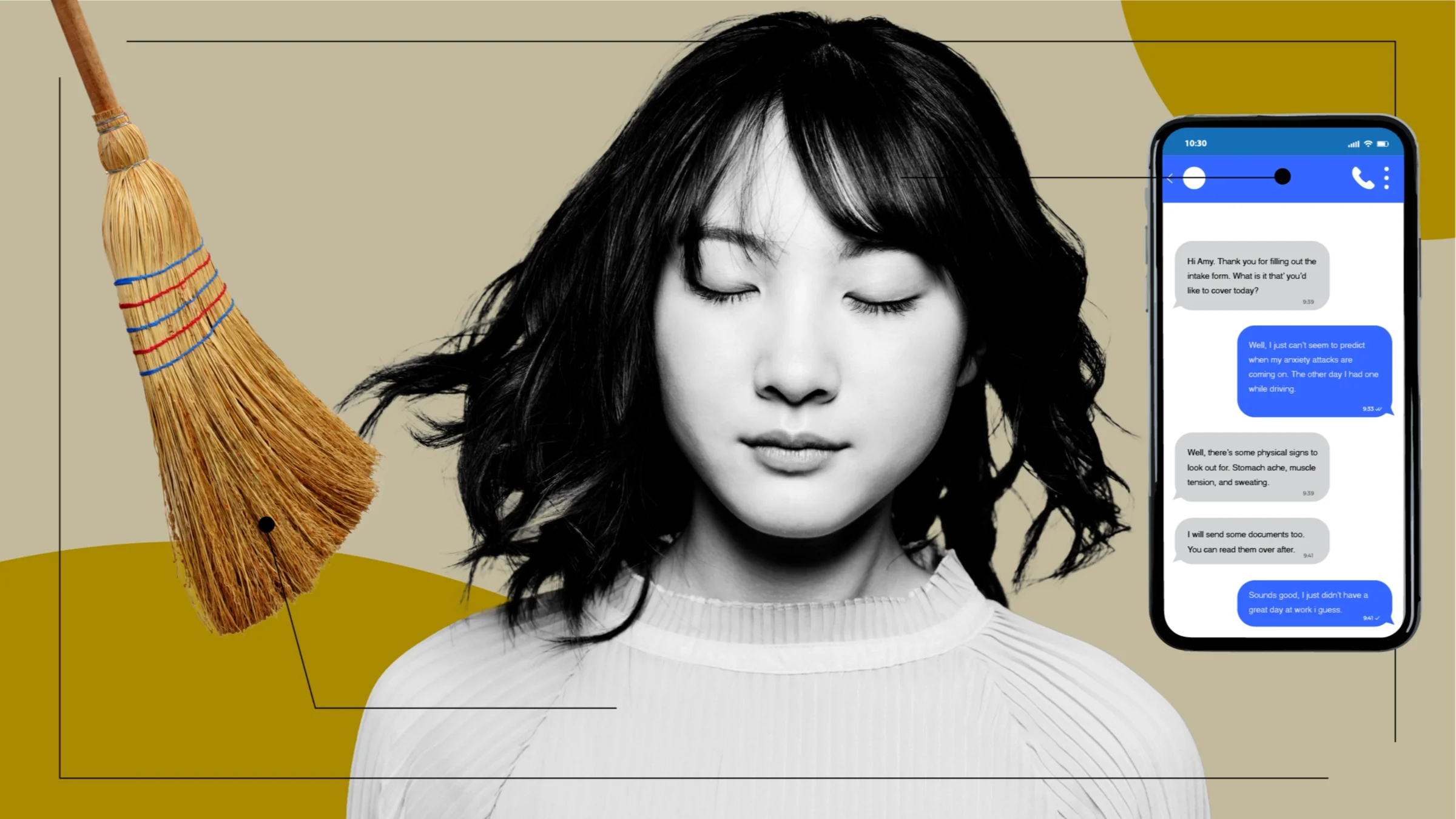 Custom graphic showcasing what it feels like to deal with the stigma around mental health as Asian American. In the center is a black and white photo of an Asian American woman closing her eyes. On either side of her are objects representing the feeling. On the left, is a wicker broom and on the right is a telehealth therapy conversation on a mobile phone.