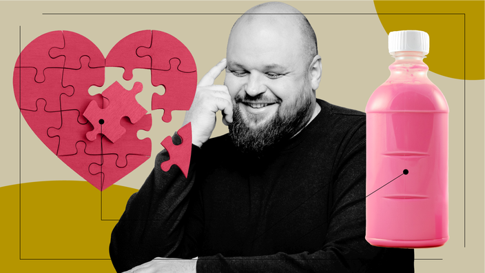 Custom graphic showcasing a black-and-white photo of a larger man in the center. Off of him are diagram lines pointing to items representing what it feels like to take Mounjaro. On the left is a heart-shaped puzzle with pieces taken out. On the right is a bottle of Pepto Bismol.