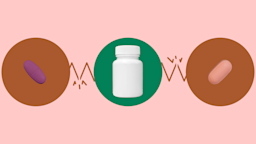 A graphic on gemfibrozil interactions shows two types of pills and a pill bottle highlighted by red and green circles.
GoodRx Health