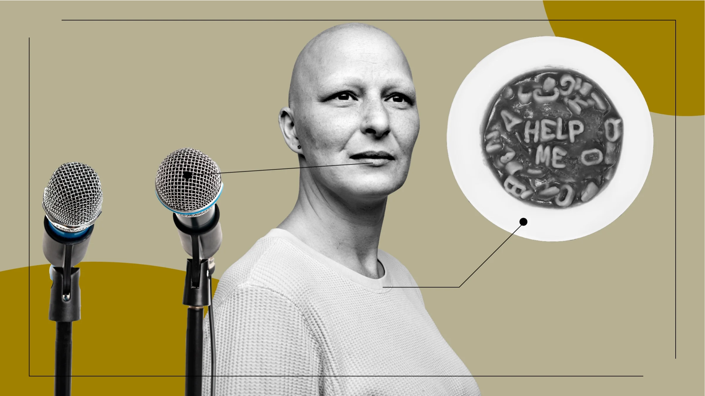 Tan background with a black-and-white cutout portrait of a bald woman looking powerful. Off of her are diagram lines pointing to objects representing the feelings of Christie Cox’s diagnosis journey.
