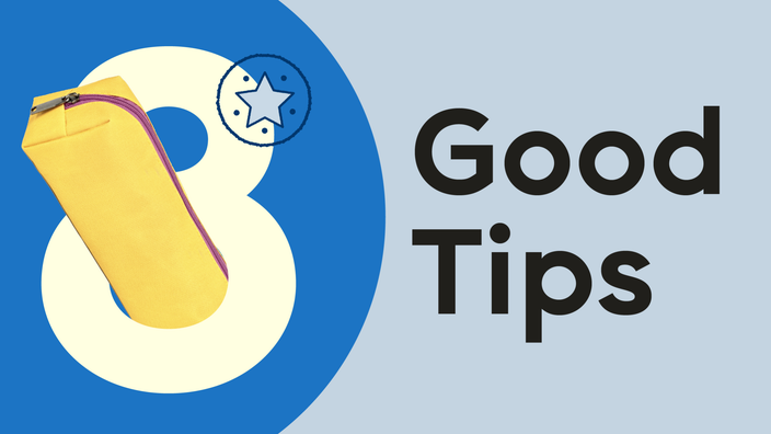 Custom graphic with a blue background. The text reads: “8 Good Tips.” Coming out of the center of the number eight is a yellow storage pouch. 