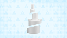 In the center of a light blue background with texture and warning sign pattern is a white nasal spray bottle cut into thirds. 
GoodRx Health