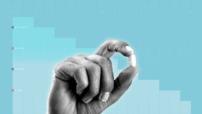 Light blue-teal background with graph paper texture and representational step graph. In the center is a black and white cutout of a hand holding a single pill.
