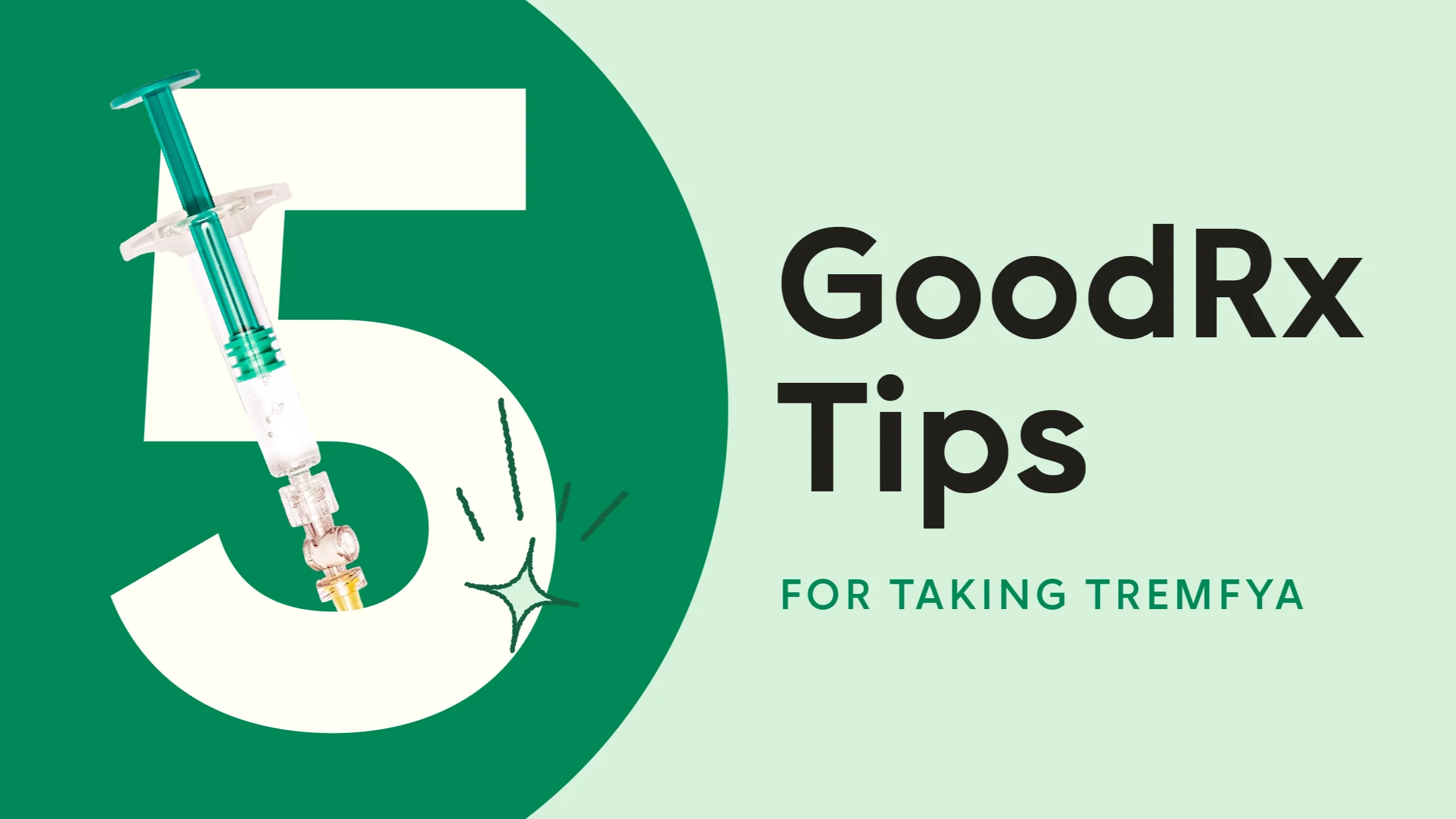 Green background with dark green circle on the left hand side. The text reads: “5 GoodRx Tips for Taking Tremfya.” Coming out from behind the number five is a teal syringe.
