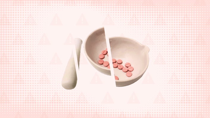 A custom graphic features a light-pink background with a warning sign pattern and an image of a pharmacy bowl with pink pills cut into thirds.