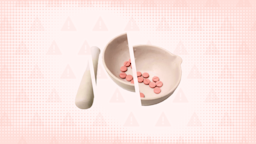A custom graphic features a light-pink background with a warning sign pattern and an image of a pharmacy bowl with pink pills cut into thirds.
GoodRx Health 