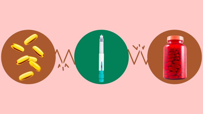 Light red background with three circles across the frame. In the center, on a green background is an autoinjector medication pen. On the left, on a red circle, are six gel capsule vitamins. On the right, on a red circle, is a red vitamin bottle. 